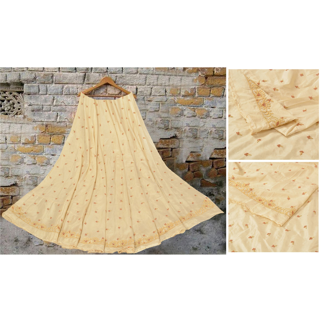 Sanskriti Vinatage Sanskriti Vintage Long Skirt Pure Satin Silk Cream Handmade Unstitched Lehenga