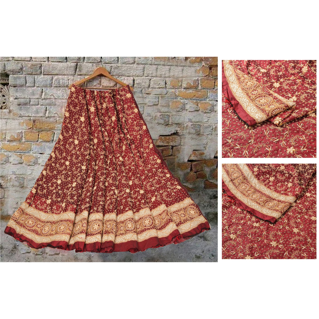 Sanskriti Vintage Long Skirt 100% Pure Silk Dark Red Handmade Unstitched Lehenga