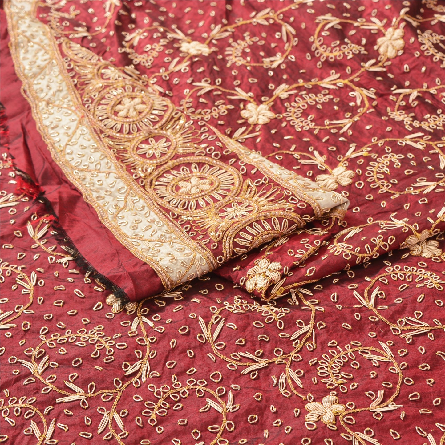 Sanskriti Vintage Long Skirt 100% Pure Silk Dark Red Handmade Unstitched Lehenga