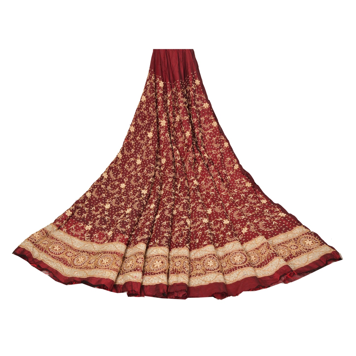 Sanskriti Vintage Long Skirt 100% Pure Silk Dark Red Handmade Unstitched Lehenga