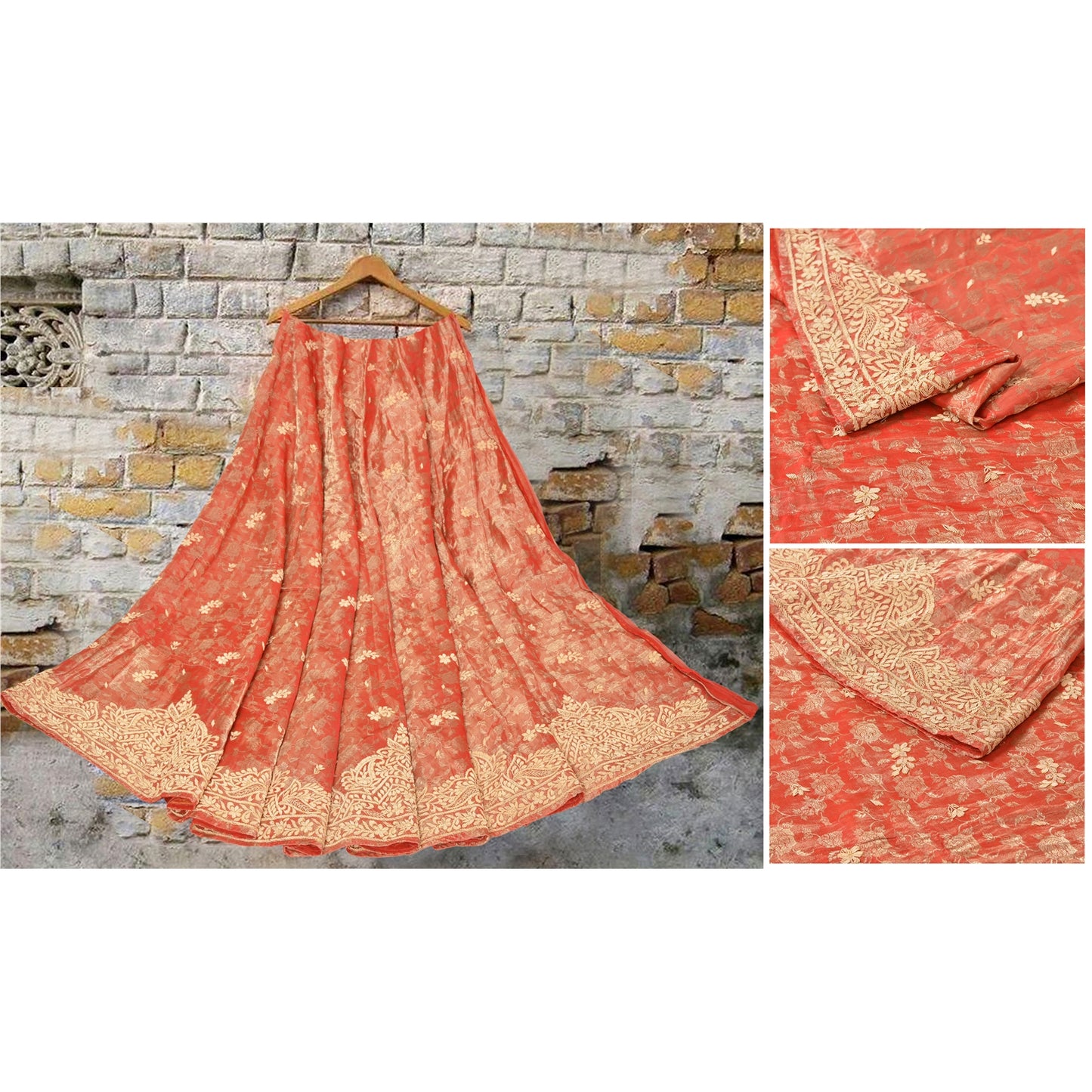 Sanskriti Vintage Lang Nederdel Ren Silke Håndvævet Usyet Lehenga