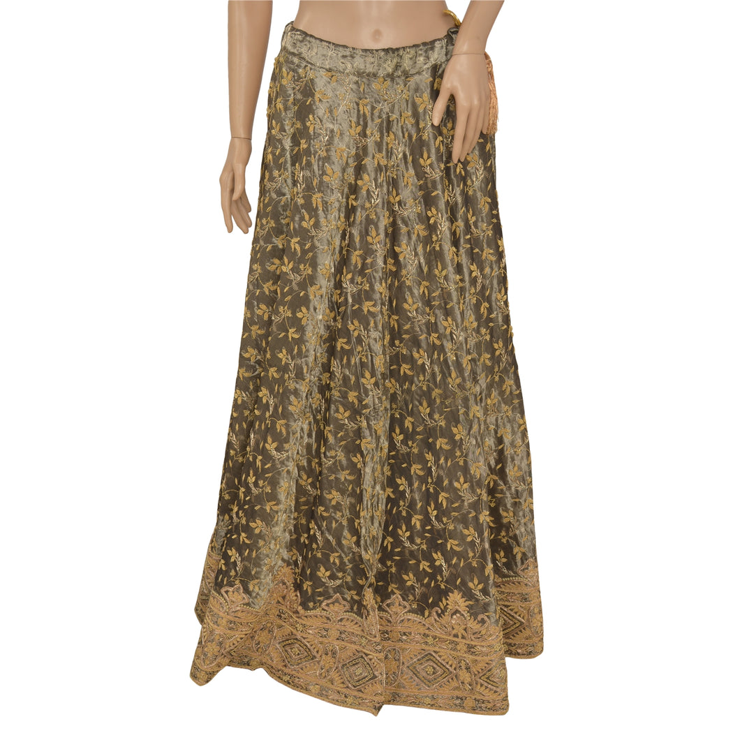 Sanskriti Vintage Long Skirt Pure Silk Greyish Black Handmade Stitched Lehenga
