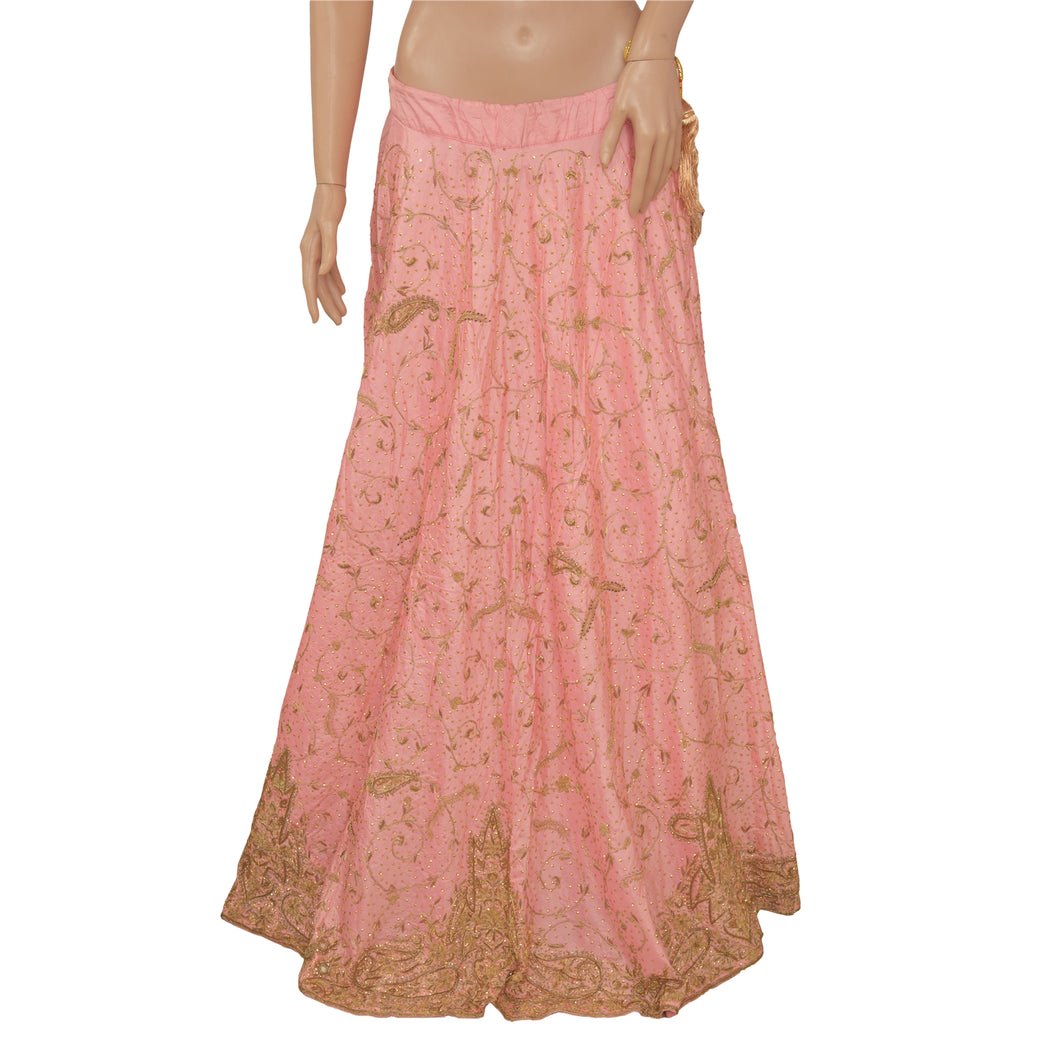 Sanskriti Vintage Long Skirt 100% Pure Silk Peach Hand Beaded Stitched Lehenga
