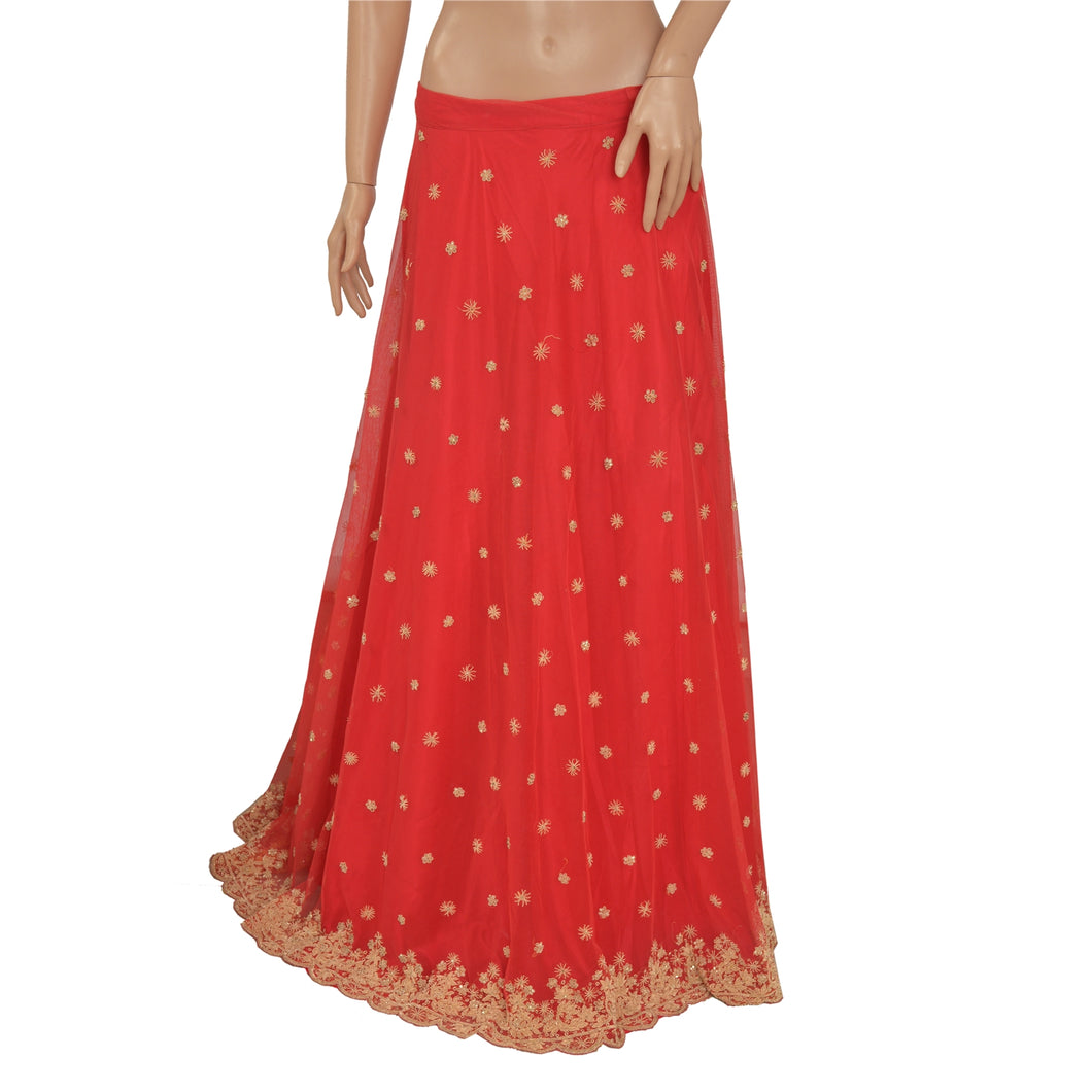 Sanskriti Vintage Long Skirt Net Mesh Red Hand Beaded Stitched Zardozi Lehenga
