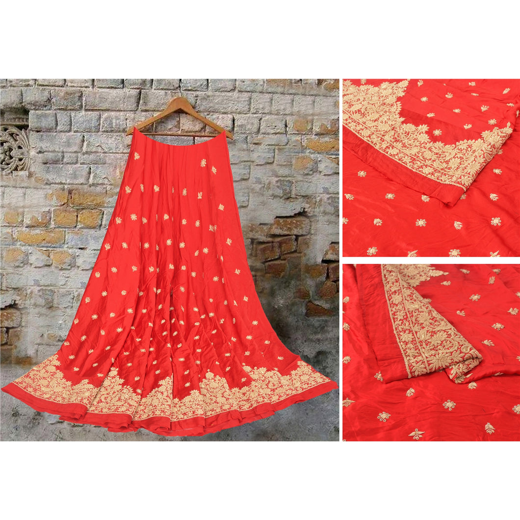 Sanskriti Vintage Long Skirt Pure Satin Silk Red Handmade Unstitched Lehenga