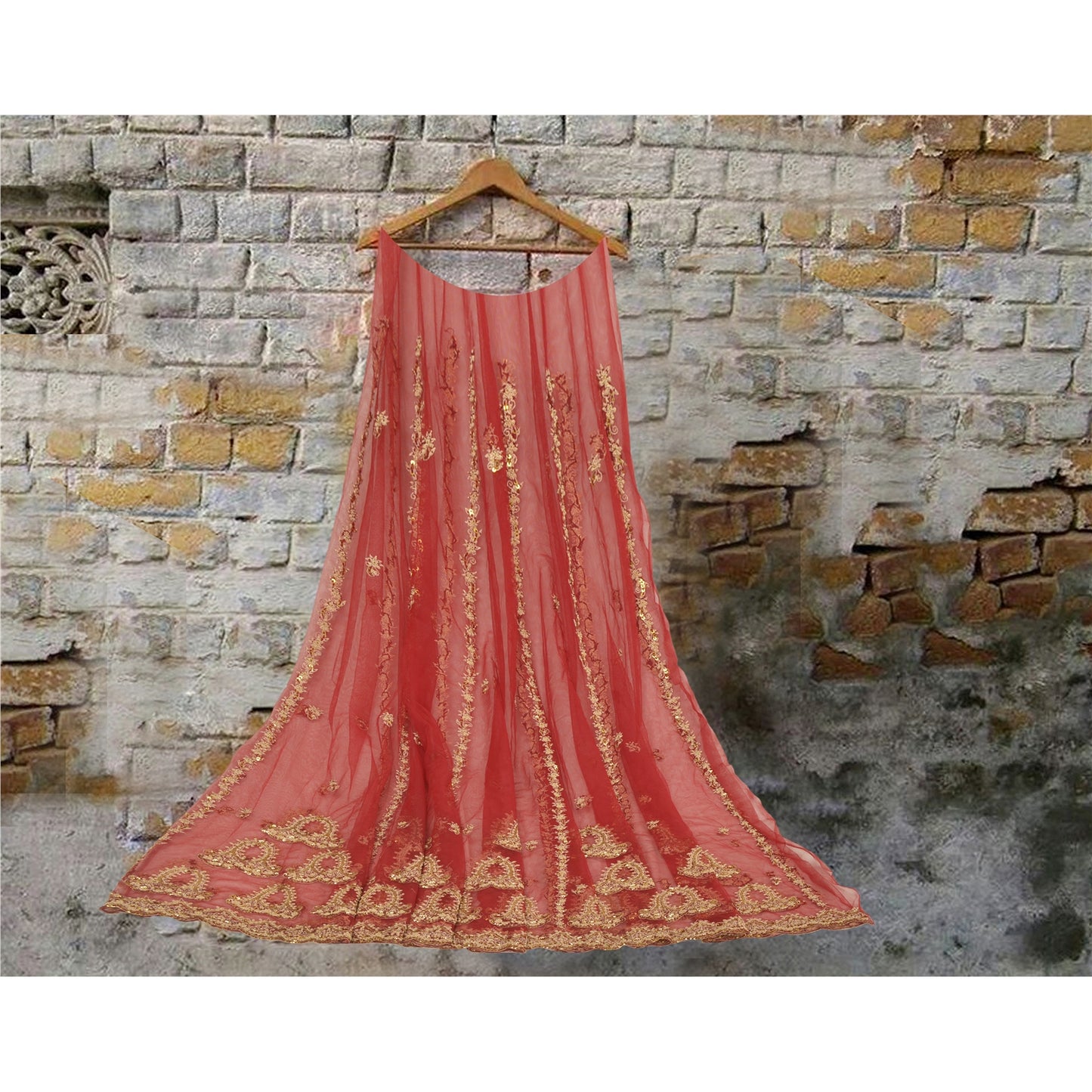 Sanskriti Vintage Lang Nederdel Net Mesh Rød Håndperlet Usyet Zardozi Lehenga