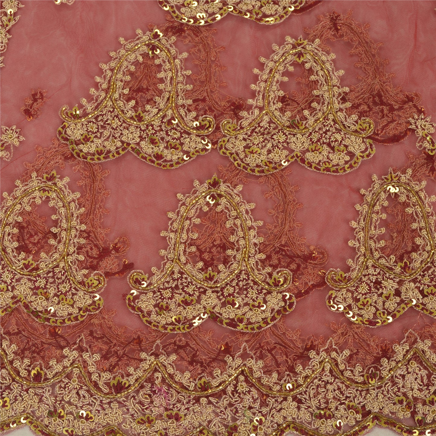 Sanskriti Vintage Lang Nederdel Net Mesh Rød Håndperlet Usyet Zardozi Lehenga