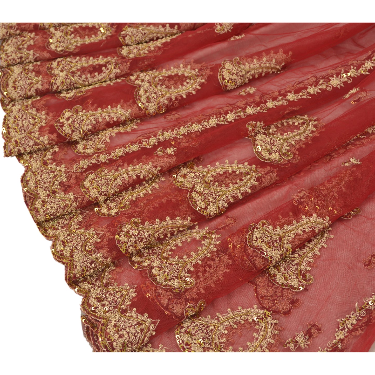 Sanskriti Vintage Lang Nederdel Net Mesh Rød Håndperlet Usyet Zardozi Lehenga