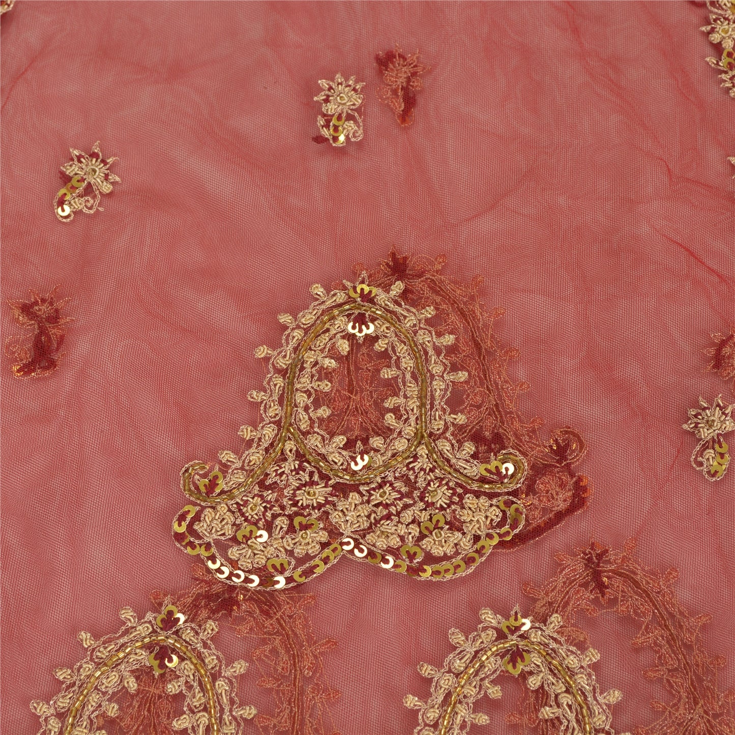 Sanskriti Vintage Lang Nederdel Net Mesh Rød Håndperlet Usyet Zardozi Lehenga
