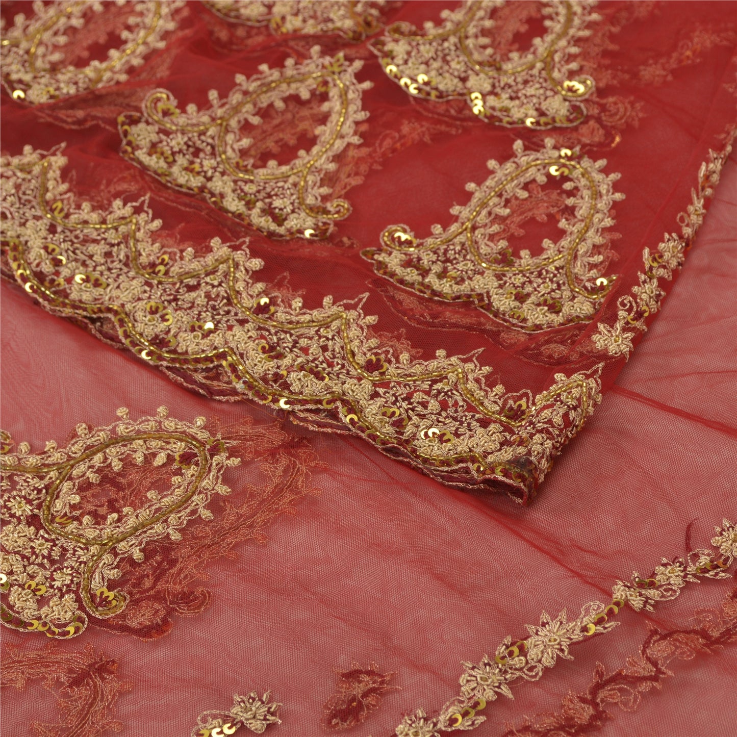 Sanskriti Vintage Lang Nederdel Net Mesh Rød Håndperlet Usyet Zardozi Lehenga