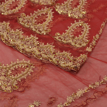 Sanskriti Vintage Lang Nederdel Net Mesh Rød Håndperlet Usyet Zardozi Lehenga