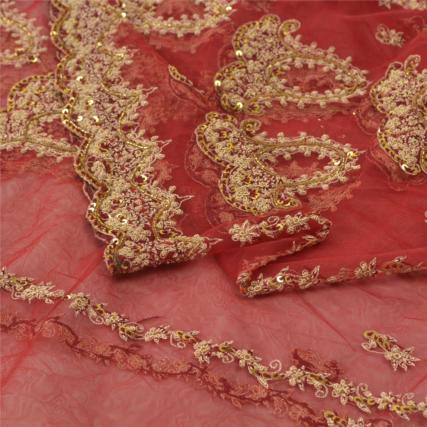 Sanskriti Vintage Lang Nederdel Net Mesh Rød Håndperlet Usyet Zardozi Lehenga