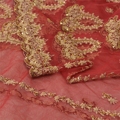 Sanskriti Vintage Lang Nederdel Net Mesh Rød Håndperlet Usyet Zardozi Lehenga