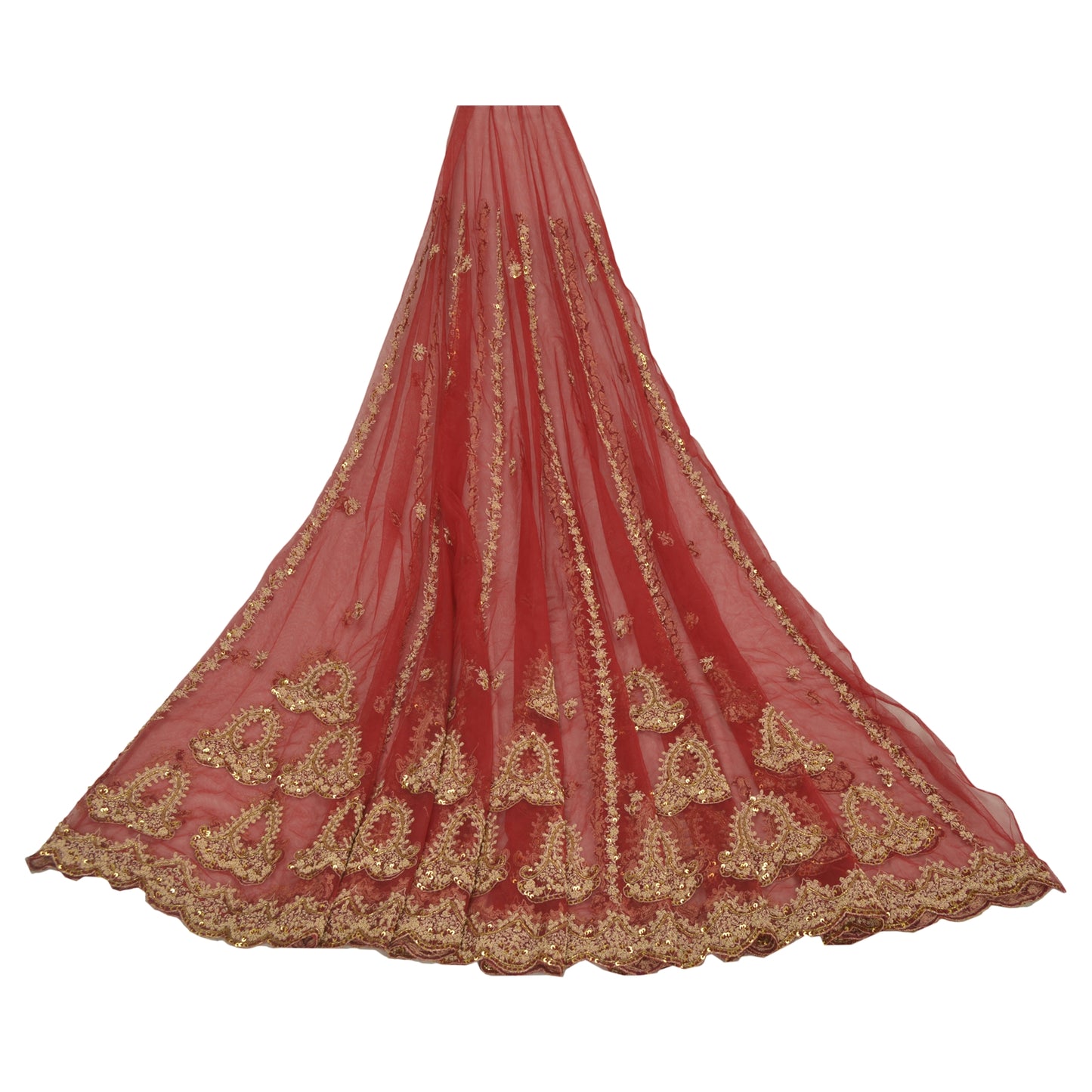 Sanskriti Vintage Lang Nederdel Net Mesh Rød Håndperlet Usyet Zardozi Lehenga