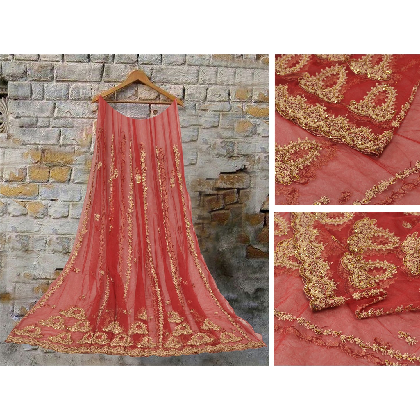Sanskriti Vintage Lang Nederdel Net Mesh Rød Håndperlet Usyet Zardozi Lehenga