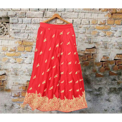 Sanskriti Vintage Rød Lang Nederdel Ren Satin Silke Håndperlesøm Lehenga