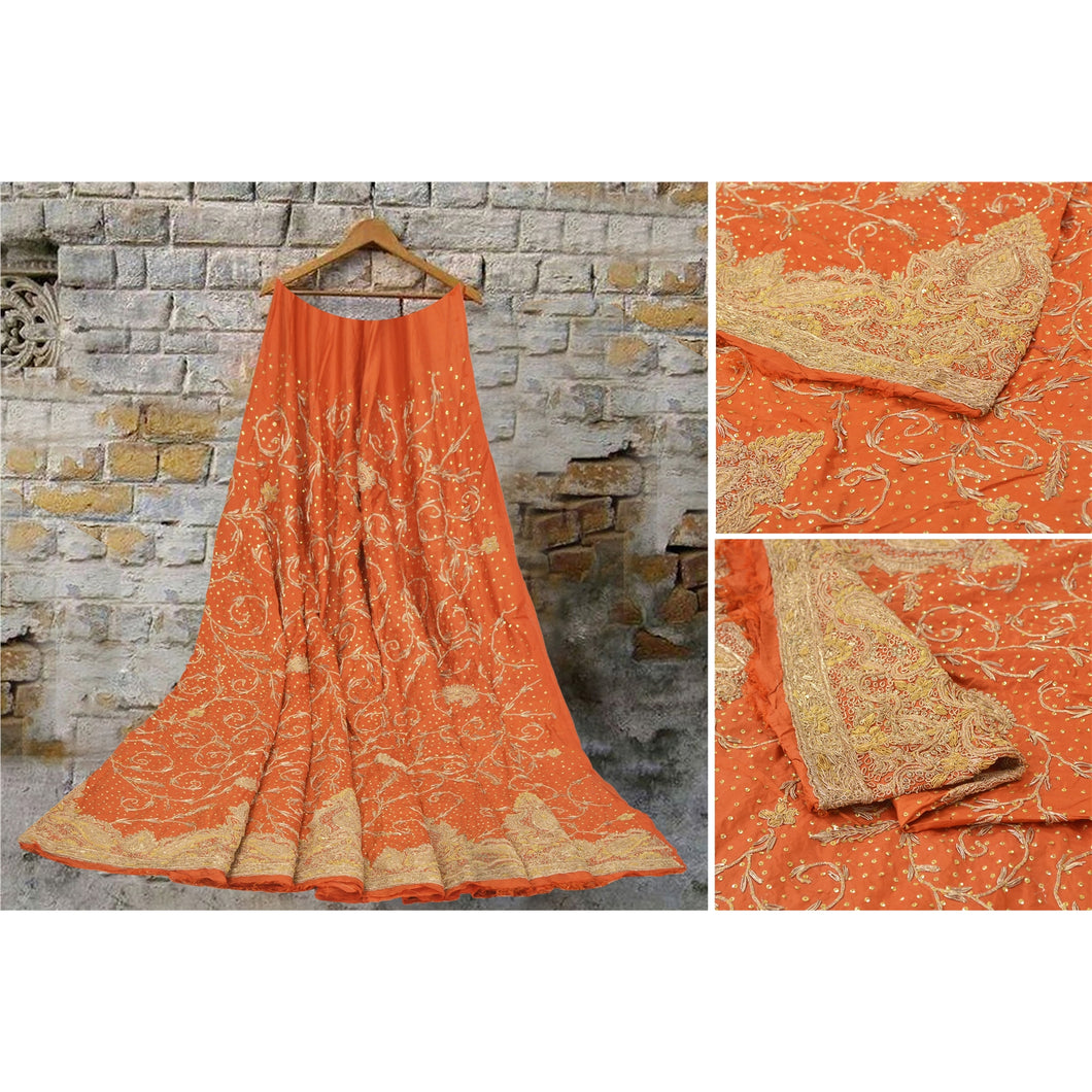 Sanskriti Vintage Rusty Orange Long Skirt Pure Silk Handmade Unstitched Lehenga