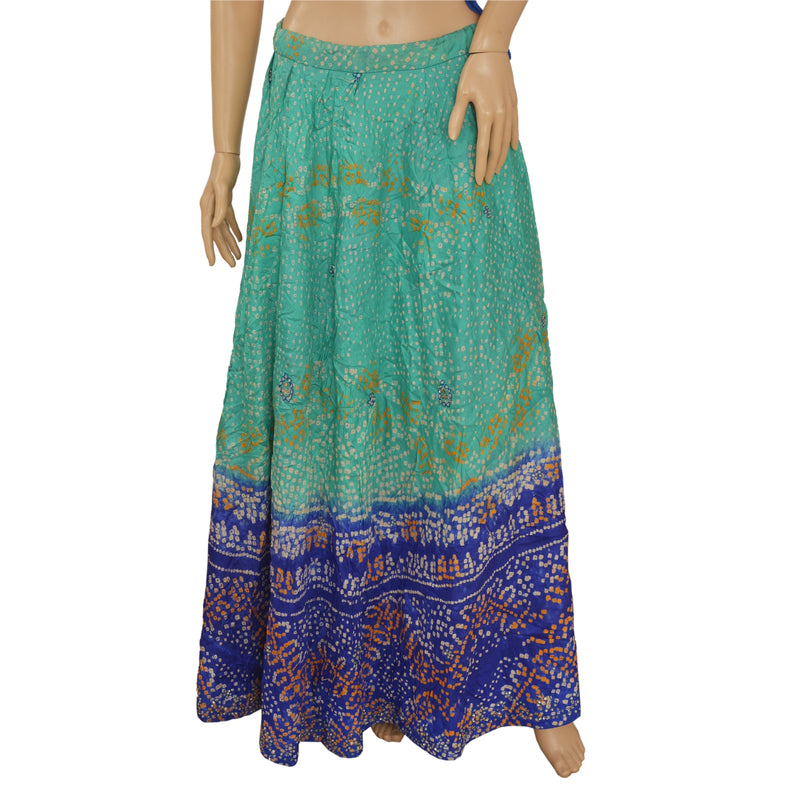 Sanskriti Vintage Skirt Pure Satin Silk Handmade Bandhani Stitched Green Lehanga