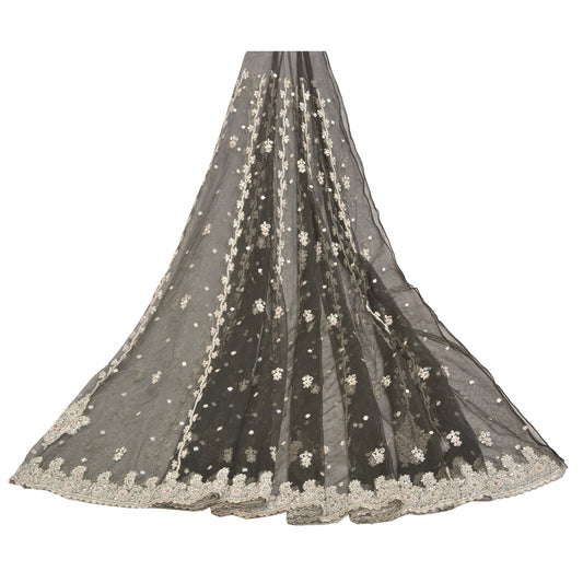 Sanskriti Vintage Lang Nederdel Net Mesh Sort Håndlavet Usyet Zardozi Lehenga