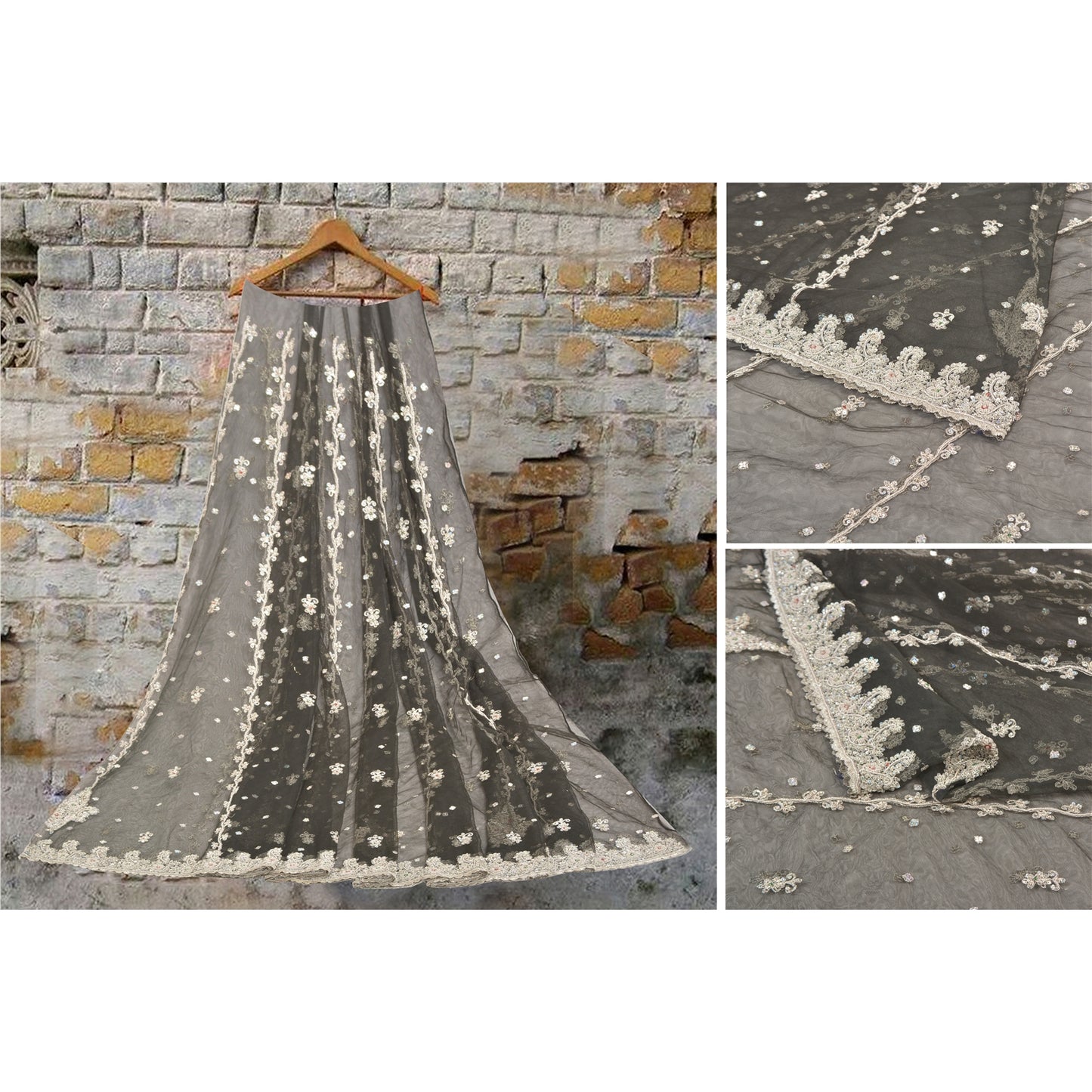 Sanskriti Vintage Lang Nederdel Net Mesh Sort Håndlavet Usyet Zardozi Lehenga