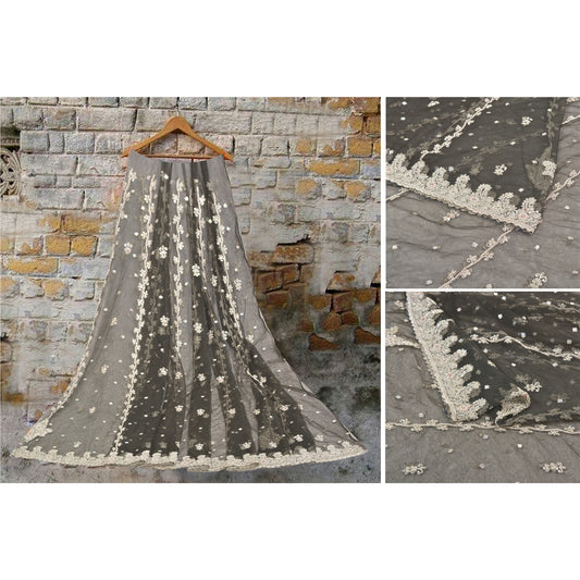 Sanskriti Vintage Lang Nederdel Net Mesh Sort Håndlavet Usyet Zardozi Lehenga