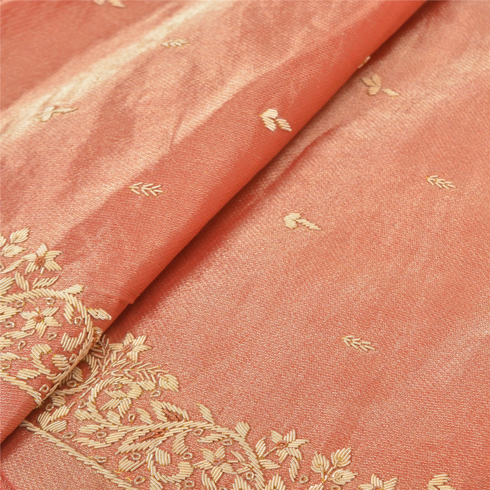 Sanskriti Vintage Peach 100% Pure Tissue Silk Skirt Unstitch Hand Embroidered Zardozi