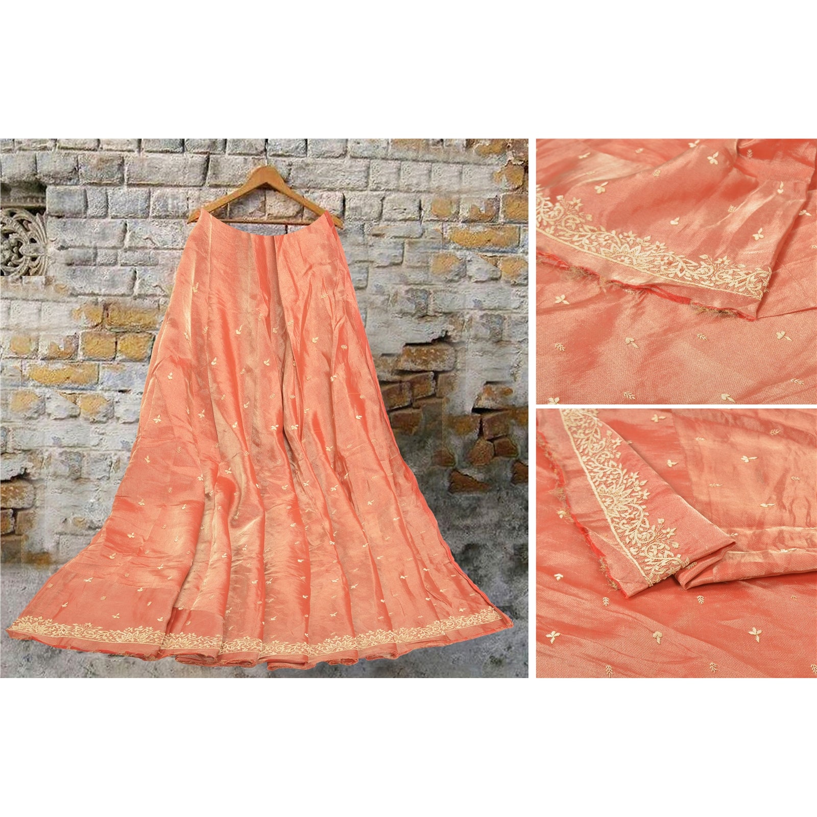 Sanskriti Vintage Peach 100% Pure Tissue Silk Skirt Unstitch Hand Embroidered Zardozi