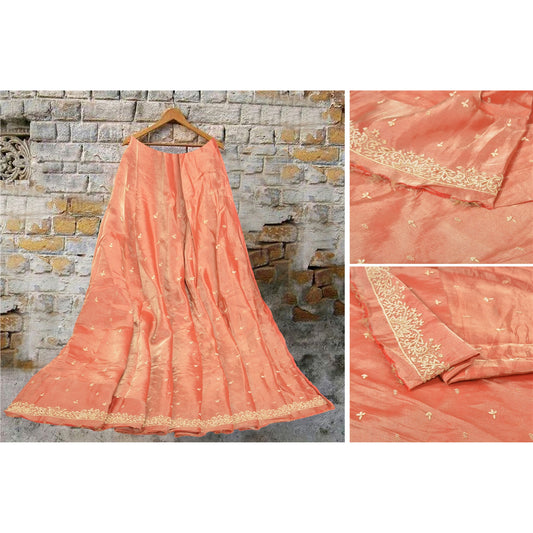 Sanskriti Vintage Long Skirt Pure Tissue Silk Peach Handmade Unstitched Lehenga