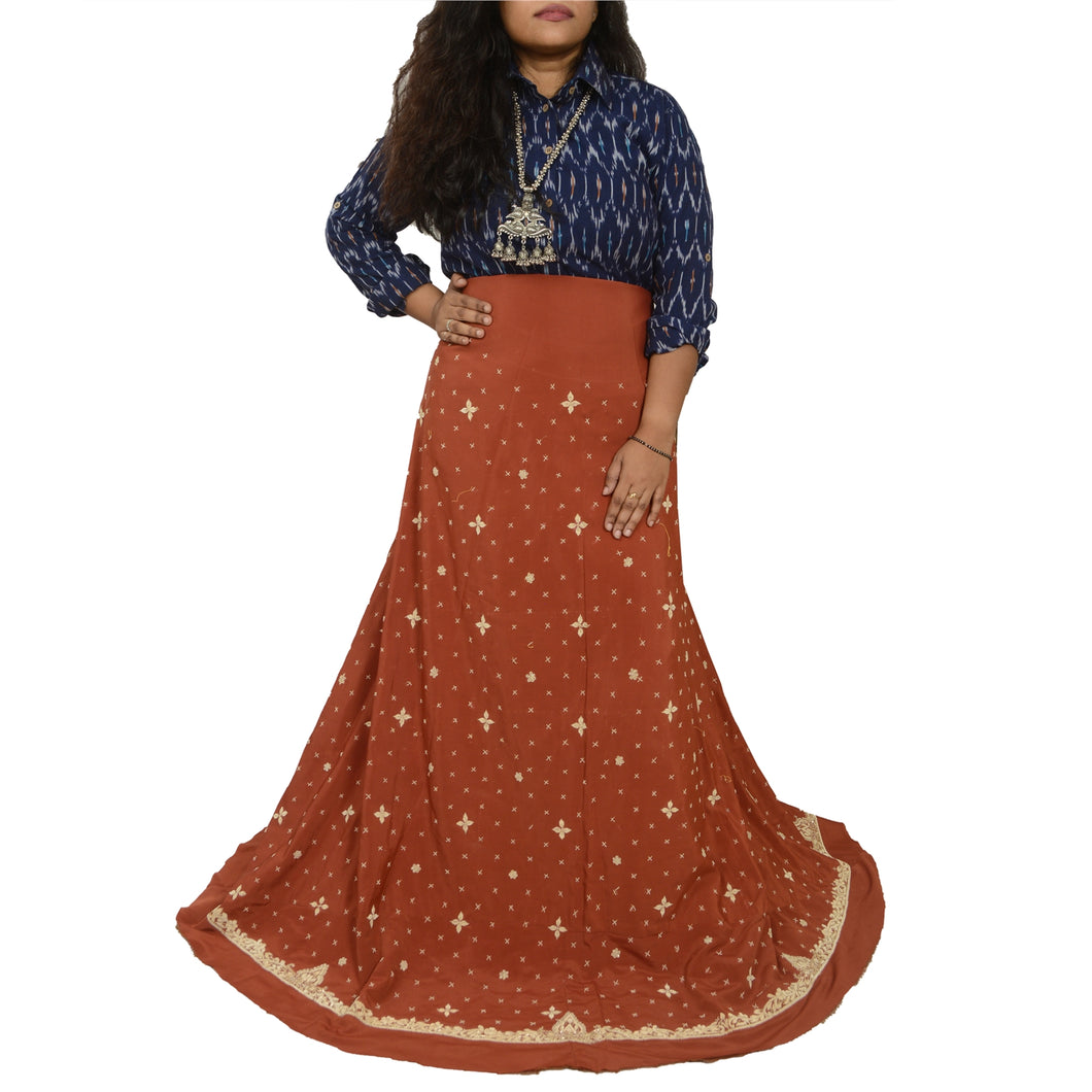 Sanskriti New Long Skirt Pure Silk Rusty Orange Hand Beaded Unstitched Lehenga