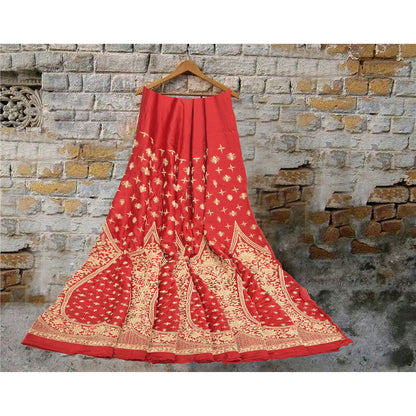 Sanskriti Vintage Lang Nederdel Ren Satin Silke Håndbroderet Usyet Lehenga