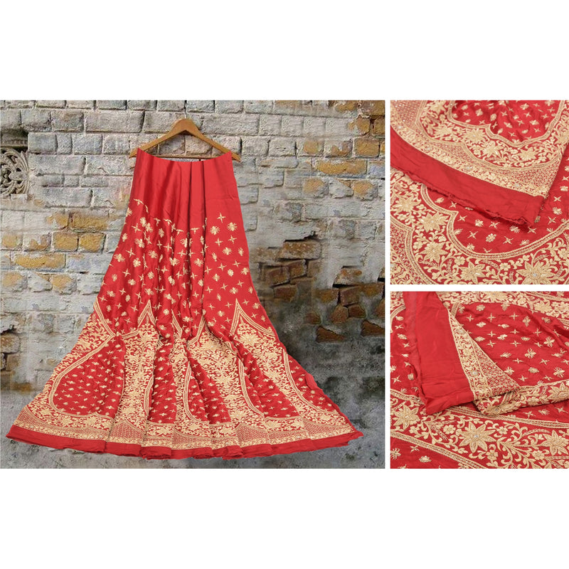 Sanskriti Vintage Long Skirt Pure Satin Silk Hand Embroidered Unstitched Lehenga