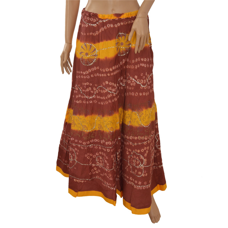 Sanskriti Vintage Brown & Yellow 100% Pure Cotton Skirt Stitched Handmade Bandhani & Painted