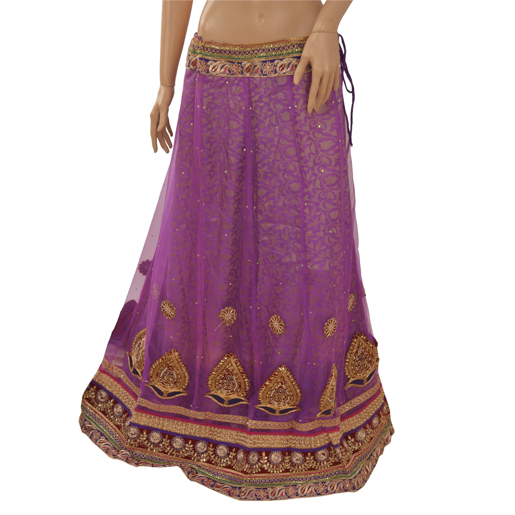 Sanskriti Vintage Long Party Skirt Net Mesh Purple Handmade Stitched Lehenga