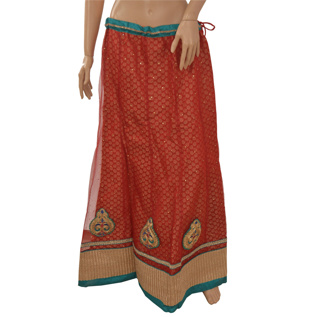 Sanskriti Vintage Long Party Skirt Net Mesh Red Embroidered Stitched Lehenga
