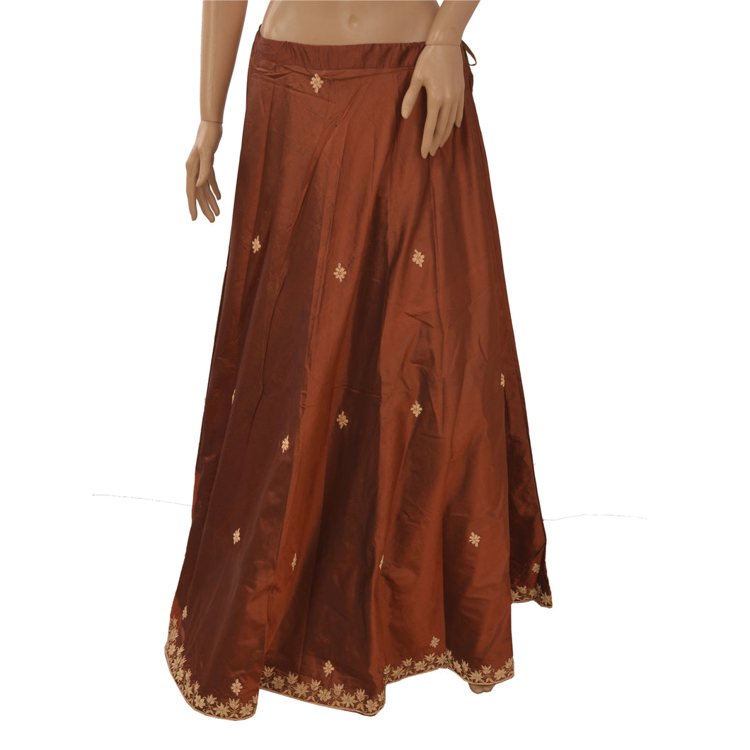 Sanskriti Vintage Long Skirt Pure Satin Silk Brown Handmade Stitched Lehenga