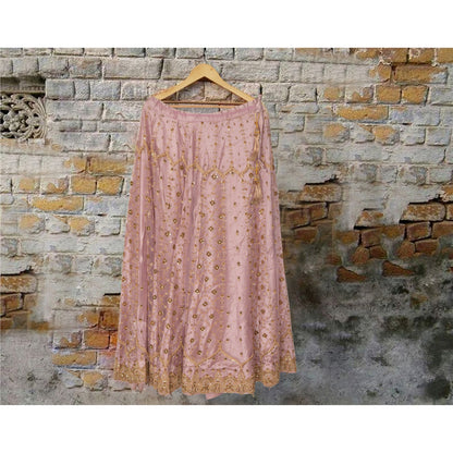 Sanskriti Vintage Lang Nederdel Net Mesh Pink Håndbroderet Syet Lehenga