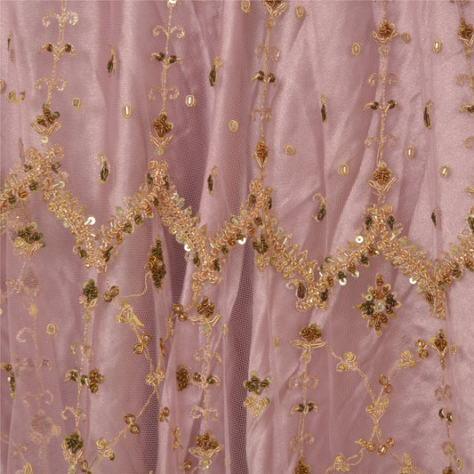 Sanskriti Vintage Lang Nederdel Net Mesh Pink Håndbroderet Syet Lehenga