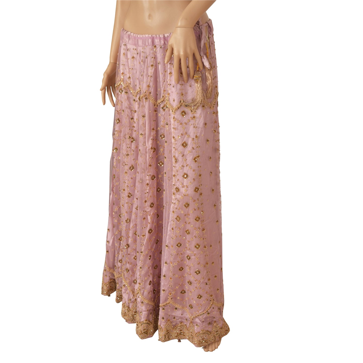 Sanskriti Vintage Lang Nederdel Net Mesh Pink Håndbroderet Syet Lehenga