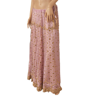 Sanskriti Vintage Lang Nederdel Net Mesh Pink Håndbroderet Syet Lehenga