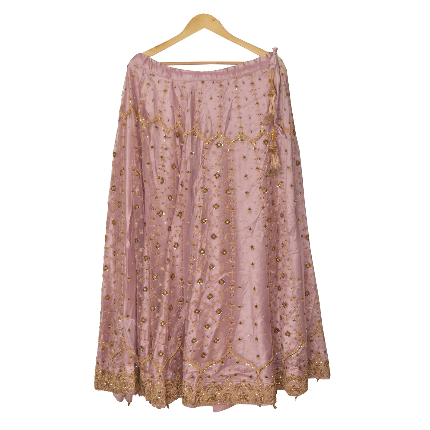 Sanskriti Vintage Lang Nederdel Net Mesh Pink Håndbroderet Syet Lehenga