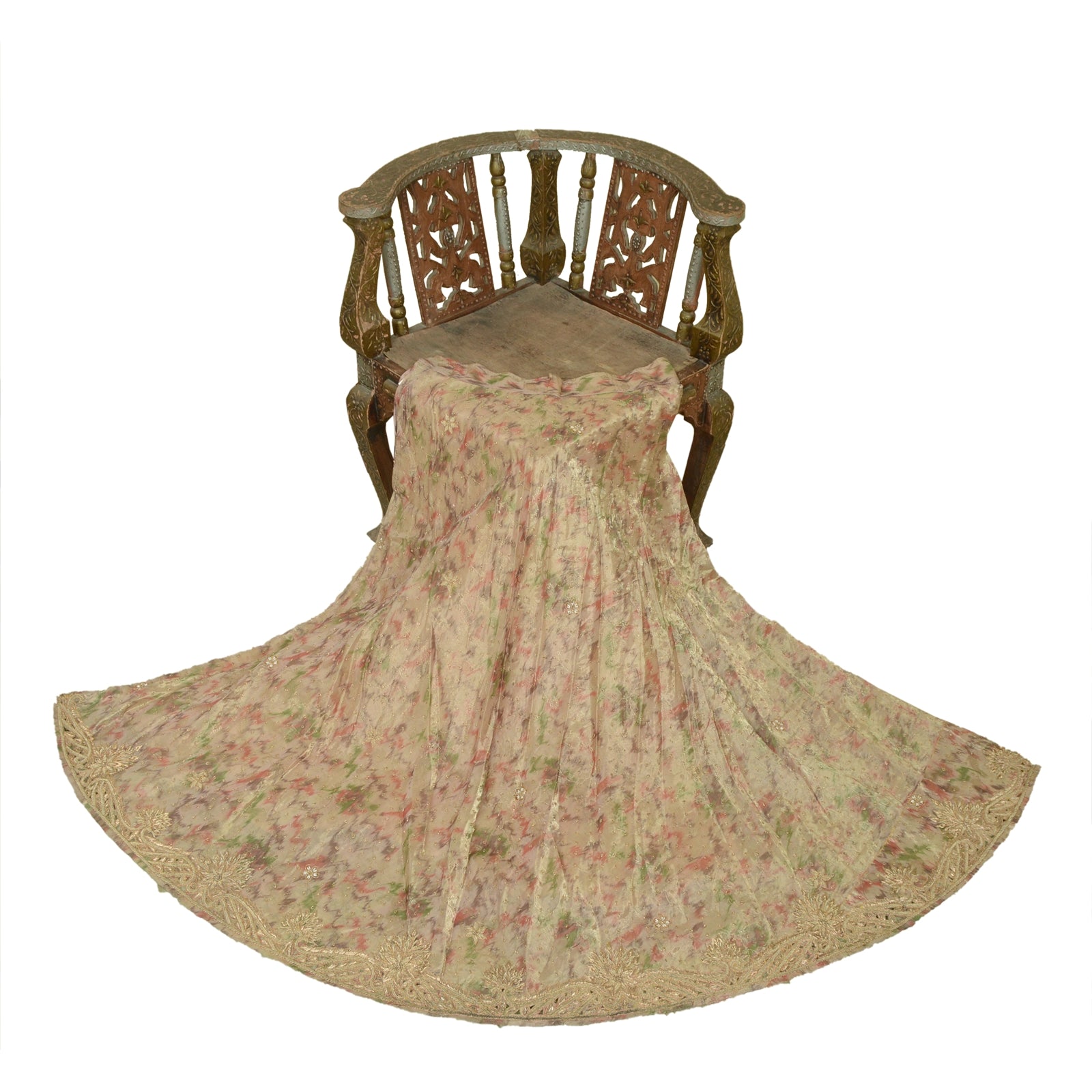 Sanskriti Vintage Cream 100% Pure Tissue Silk Skirt Long Stitched Handmade Indian Wedding