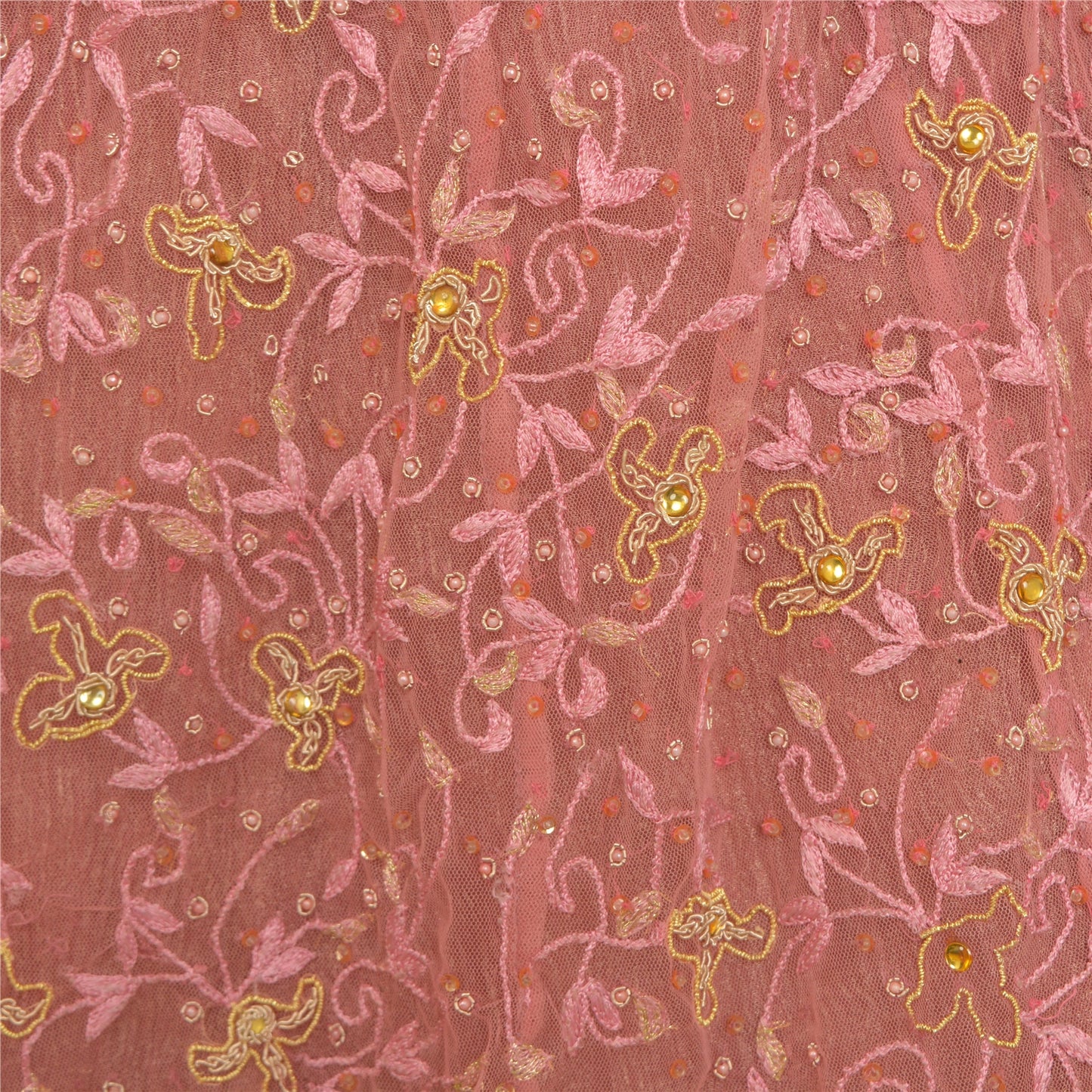 Sanskriti Vintage Lang Nederdel Net Mesh Pink Håndperlesøm Zardozi Lehenga