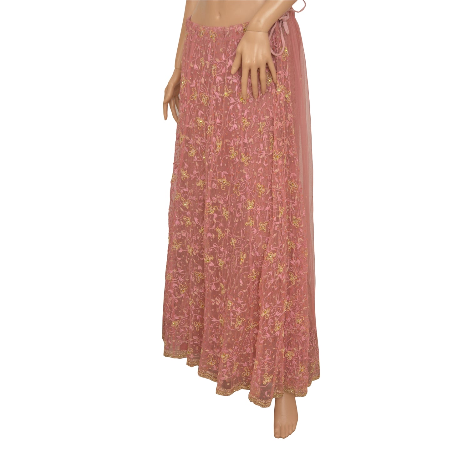 Sanskriti Vintage Lang Nederdel Net Mesh Pink Håndperlesøm Zardozi Lehenga