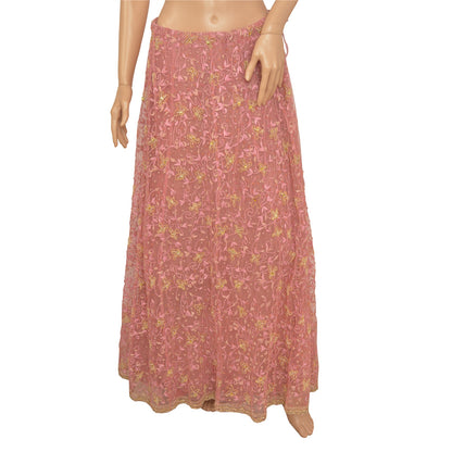 Sanskriti Vintage Lang Nederdel Net Mesh Pink Håndperlesøm Zardozi Lehenga
