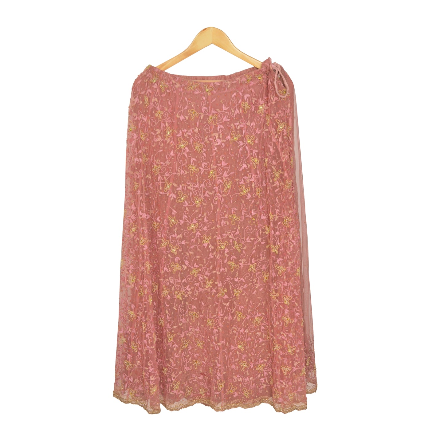 Sanskriti Vintage Lang Nederdel Net Mesh Pink Håndperlesøm Zardozi Lehenga