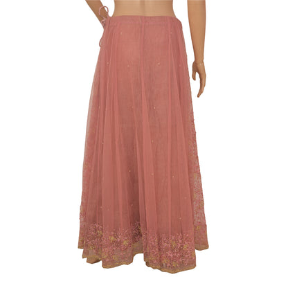 Sanskriti Vintage Lang Nederdel Net Mesh Pink Håndperlesøm Zardozi Lehenga
