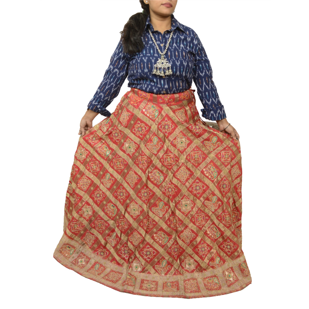 Sanskriti Vintage Long Skirt Pure Silk Red Hand Beaded Bandhani Stitched Lehenga