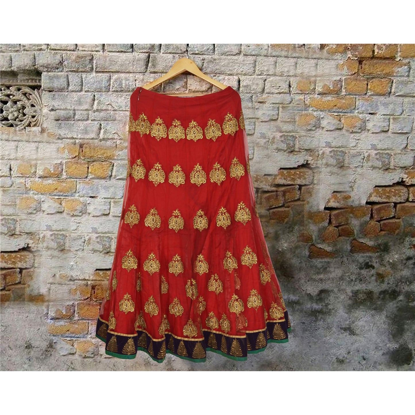 Sanskriti Vintage Lang Nederdel Net Mesh Rød Håndperlesøm Zardozi Lehenga