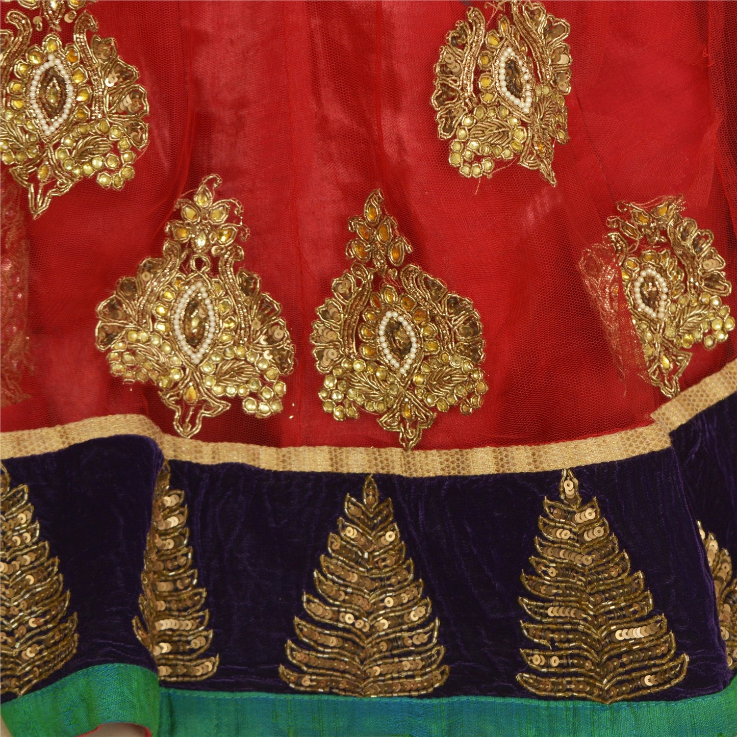 Sanskriti Vintage Lang Nederdel Net Mesh Rød Håndperlesøm Zardozi Lehenga