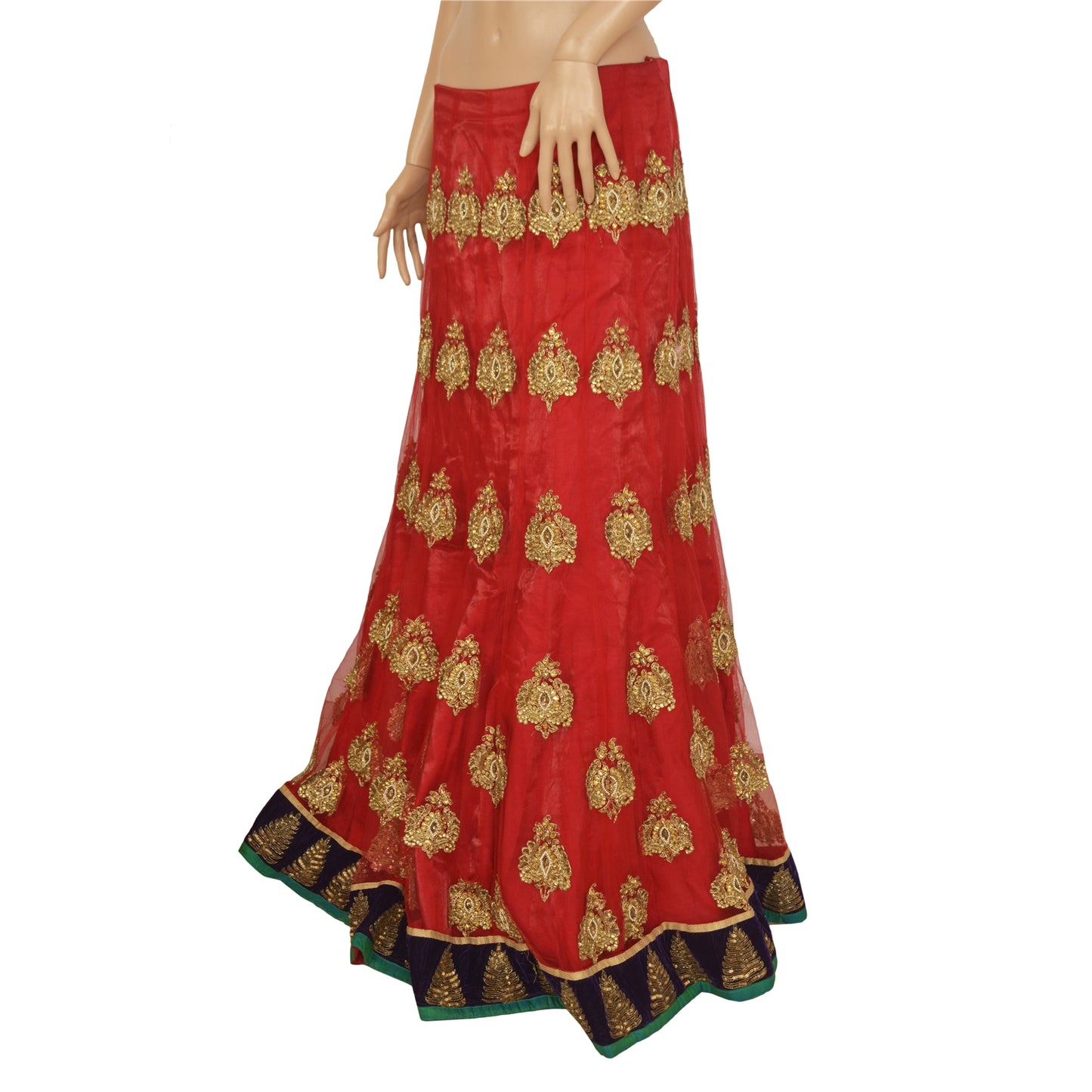 Sanskriti Vintage Lang Nederdel Net Mesh Rød Håndperlesøm Zardozi Lehenga
